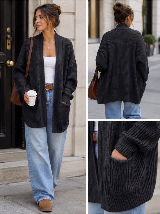 Quince Sweaters - Quince 100% Organic Cotton Oversized Cardigan Black Ribbed Knit Sweater Large